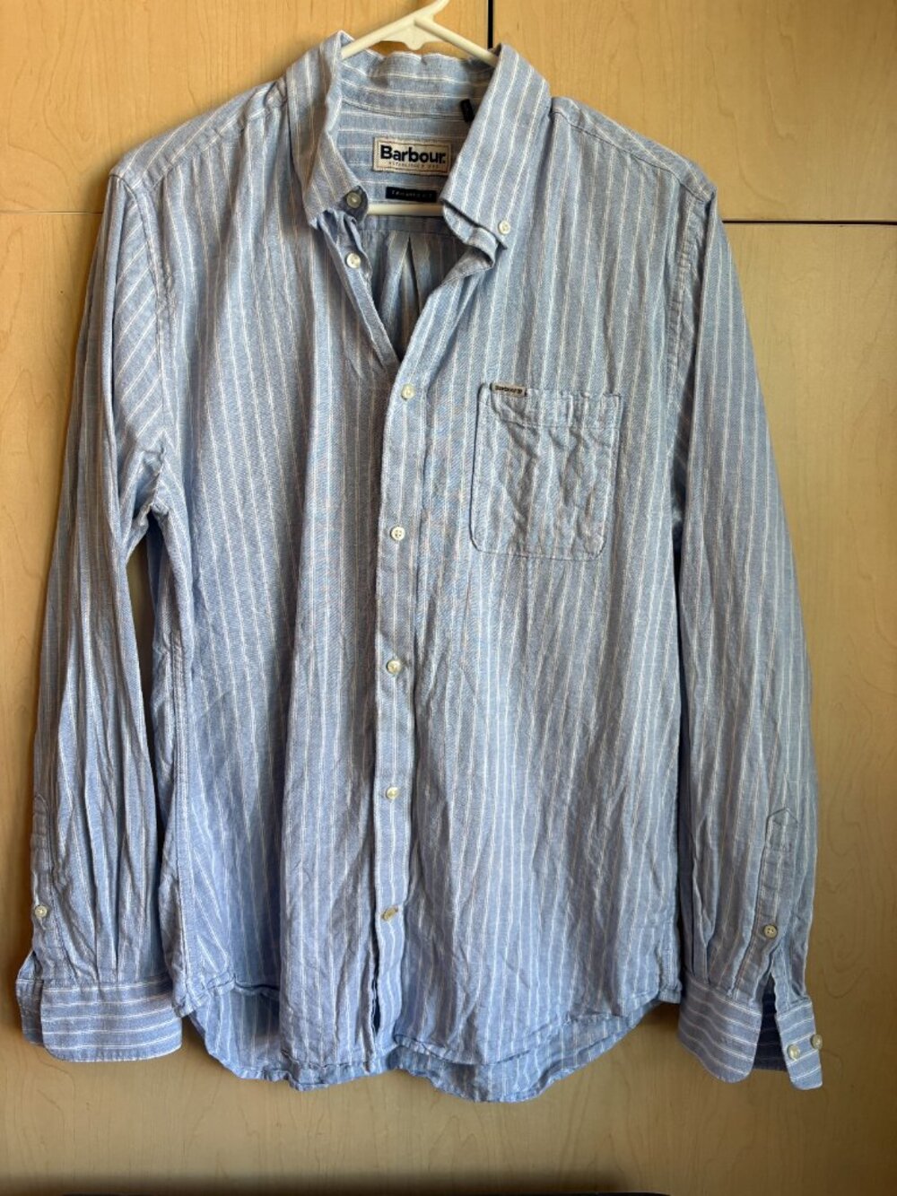 Men's Barbour Linen-Cotton Button Down Shirt - Blue with Stripes - Size Small